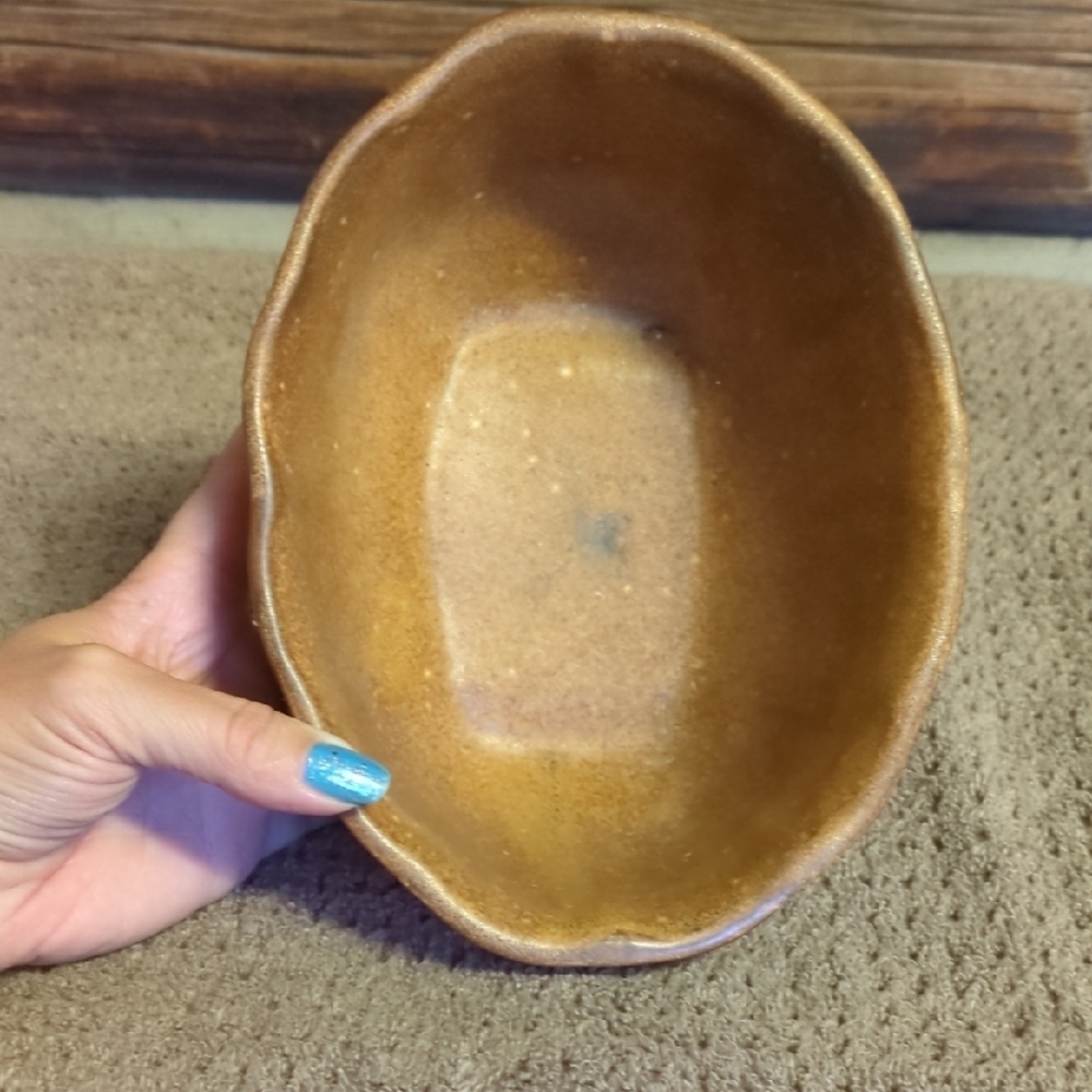 Vintage Brown Ceramic Bowl Vase Home Decor Neutral oval Stoneware - Picture 6 of 6